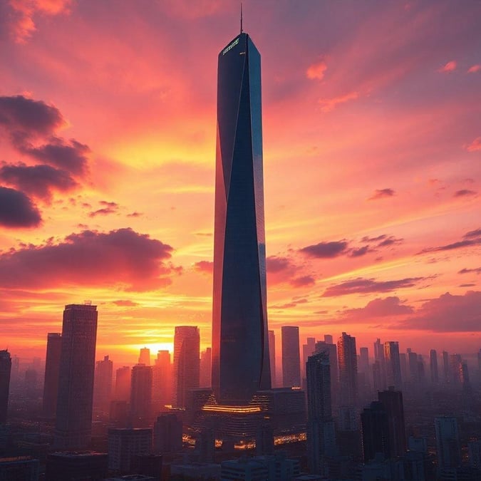 A breathtaking view of a city skyline at sunset, with the iconic skyscraper standing tall in the center.