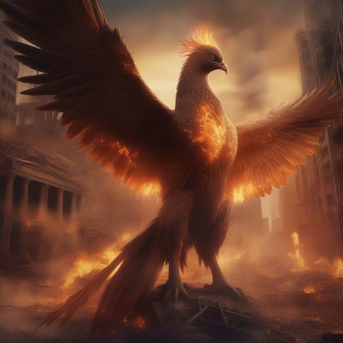 A powerful and symbolic image of a phoenix rising from the ashes, surrounded by flames and set against a dark, smoky landscape.