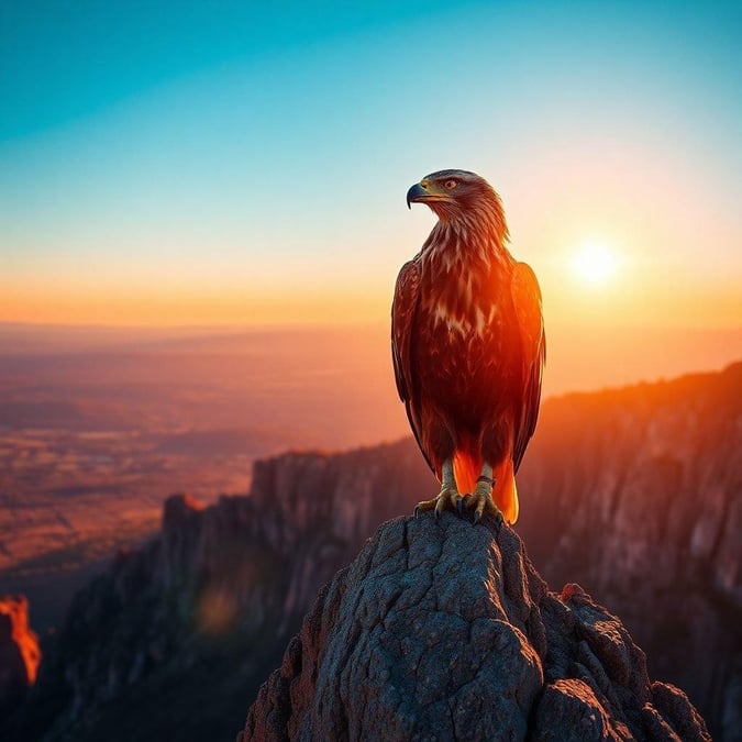 Embrace the tranquility and beauty of nature with this stunning wallpaper featuring a majestic eagle perched on a rocky outcropping as the sun rises, casting a warm glow over the mountains in the distance.