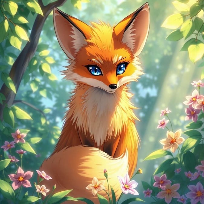 A captivating fox spirit stands guard over a hidden garden, where nature's secrets are kept. With its vibrant fur and piercing blue eyes, the spirit seems to be the protector of this mystical place.