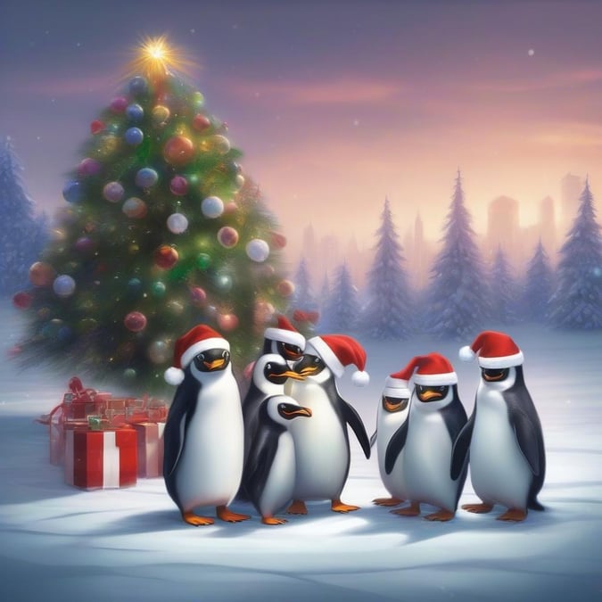 Get into the holiday spirit with this adorable Christmas penguin wallpaper. Perfect for desktop and mobile use, this festive design features a group of penguins gathered around a Christmas tree, surrounded by snow and presents. The perfect way to add some holiday cheer to your device.