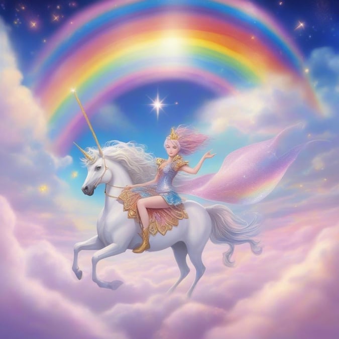 This enchanting fairy princess sits majestically atop her unicorn, commanding the skies with a smile. As a guardian of dreams and spirit guide, she embodies all that is magical in the world.