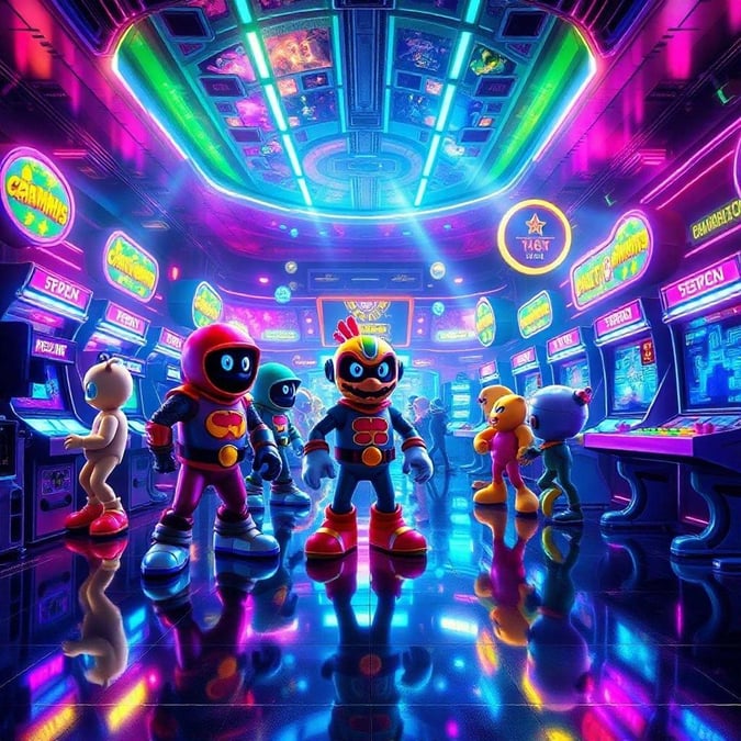 Get ready to level up your gaming experience with this futuristic arcade wallpaper. Featuring a variety of colorful characters and games, this image is sure to transport you to a world of excitement and adventure.