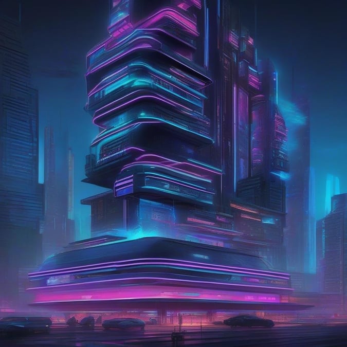 Majestic neon towers reach towards the night sky, illuminating a futuristic cityscape. The cyberpunk vibe is palpable with its vibrant colors and towering structures.