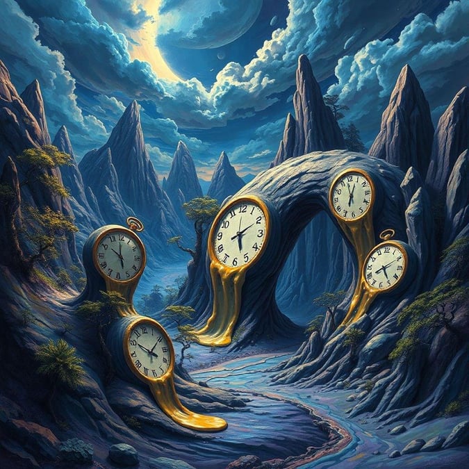 A fantastical journey through a dreamlike landscape, with three golden clocks marking the passage of time.