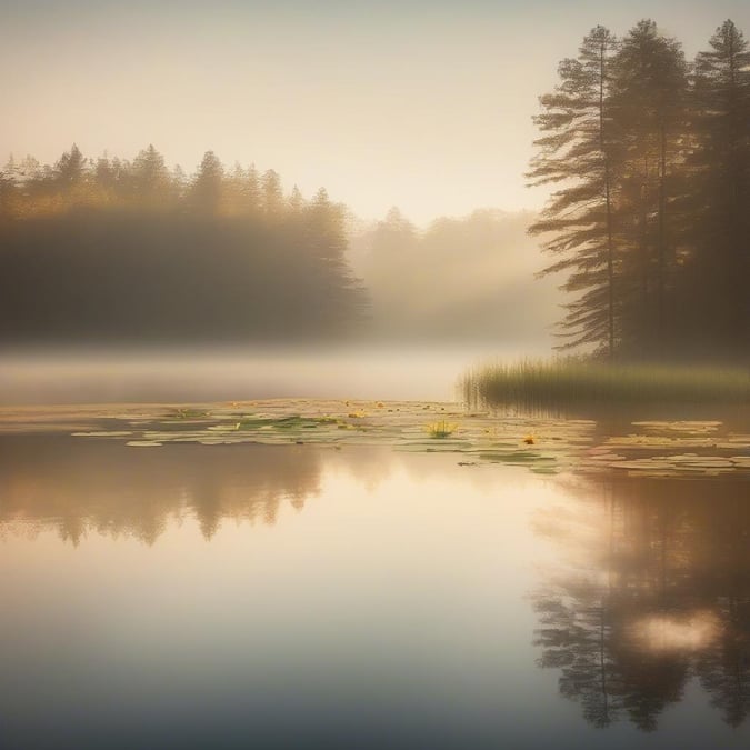 A serene landscape with fog-shrouded trees on the banks of a tranquil lake, ideal for a calming wallpaper to set the tone for your day.