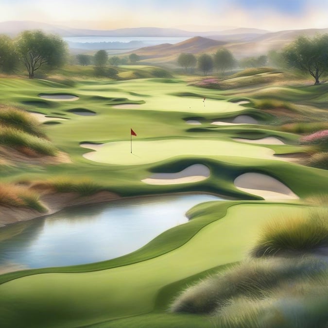 Immerse yourself in the serene beauty of a golf course at sunset, where each hole is meticulously maintained and the lush greenery stretches into the distance. The soft glow of the setting sun paints a picturesque backdrop for this high-quality desktop and mobile wallpaper, perfect for enhancing your device's elegance.