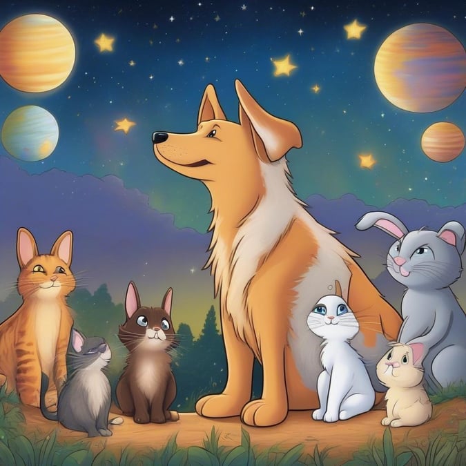 A group of cute cartoon animals sharing a night sky. These adorable critters are ready to bring joy and friendship wherever they go.