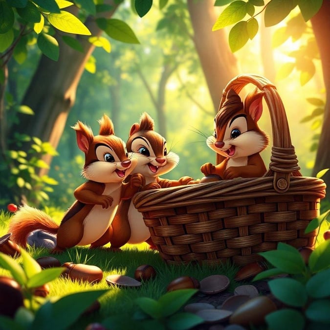 Chip and Dale are out exploring in a vibrant forest, finding delightful surprises for spring. Their cheerful antics bring joy to anyone who sees them.