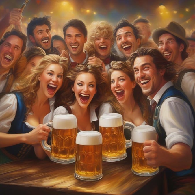 A group of jubilant people gathered around, toasting with beers and enjoying the festive atmosphere of an Oktoberfest celebration.