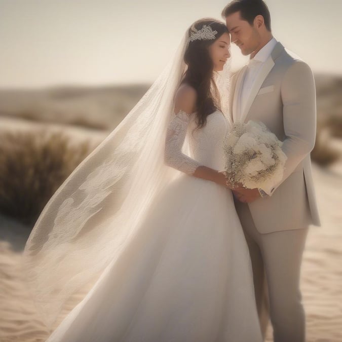 Couple shares tender moment on the sandy beach, celebrating their love against a backdrop of natural beauty.