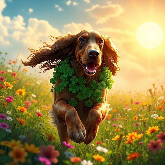 Celebrate St. Patrick's Day with this adorable Irish Setter surrounded by a vibrant field of flowers. This wallpaper is perfect for adding a touch of Irish charm to your desktop or mobile device.