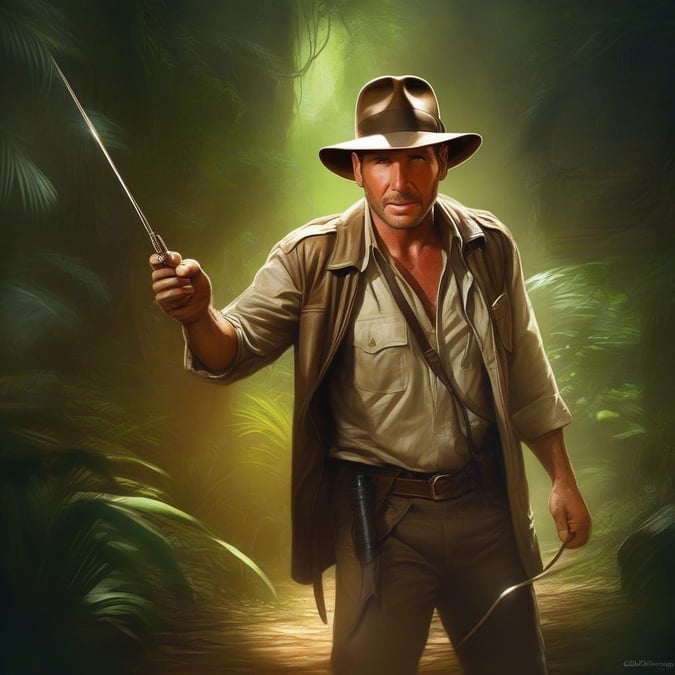 This wallpaper image captures the adventurous spirit of Indiana Jones, a renowned archaeologist and explorer. The image depicts him standing in the jungle, dressed in his signature fedora and leather jacket, holding a whip in his hand. The background of the image is a lush jungle with dense foliage and exotic plants, creating a sense of mystery and danger. The overall effect of the image is one of excitement and adventure, perfect for fans of the Indiana Jones franchise.