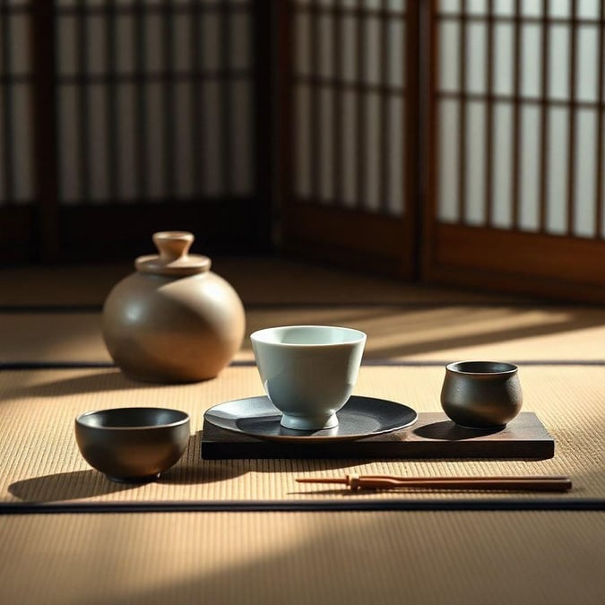 A simple, minimal tea set placed on a traditional Japanese tatami mat floor.