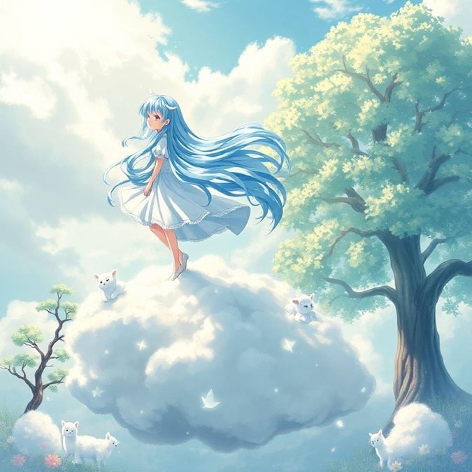 A magical anime illustration of a young girl standing on a cloud, surrounded by fluffy white animals and trees, with a whimsical atmosphere.