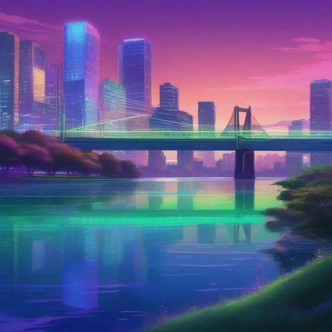 Immerse yourself in the vibrant world of anime with this stunning cityscape wallpaper, featuring a serene lake, neon-lit skyline, and lush green lawn.