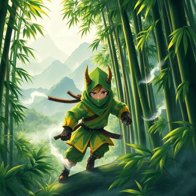 Dieser Anime-Stil Hintergrund zeigt einen jungen Ninja, der durch einen üppigen, dichten Wald aus hohen Bambusbäumen schleicht und eine fesselnde und fesselnde Szene schafft.