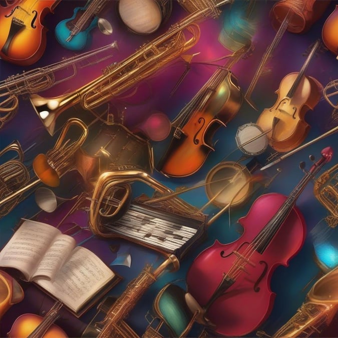 A joyful symphony of strings, woodwinds, and brass instruments in a vibrant orchestration.