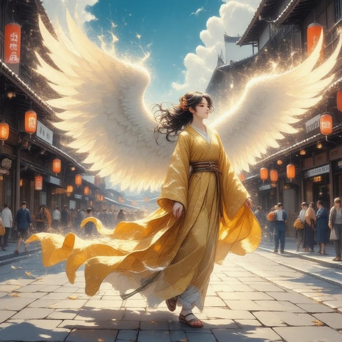 This captivating anime illustration showcases a celestial angel descending upon a bustling Japanese street. The angel, adorned in a golden robe and flowing hair, is the central figure, while the blurred background adds depth to the scene. The illustration captures a moment of tranquility, focusing on the angel's majestic presence and the intricate details of its attire.