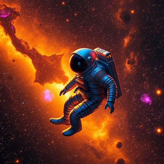 This vibrant wallpaper features an astronaut in space, surrounded by neon lights and cyberpunk elements. The astronaut is depicted in a futuristic suit, floating in the vastness of space, with a cityscape or futuristic landscape visible in the background. The overall effect is one of high-tech futurism and otherworldly adventure.