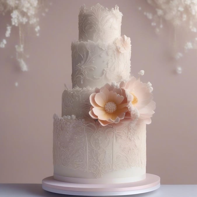 This stunning wedding cake is adorned with intricate designs and delicate flowers, making it a perfect centerpiece for any wedding reception. Its elegant design and beautiful decorations make it a must-have for any wedding celebration.