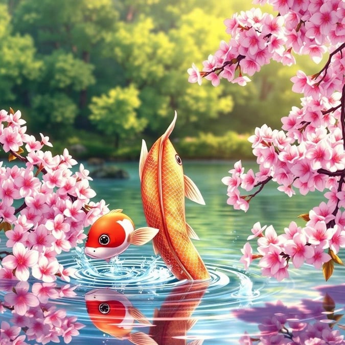 A beautiful anime illustration of a majestic koi fish leaping out of a tranquil pond, surrounded by blooming pink and white cherry blossoms, set against a serene lake and lush greenery background.