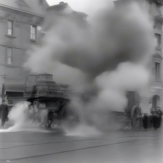 A nostalgic scene with an old-fashioned steam engine chugging through the streets, surrounded by a cloud of smoke that hints at a bustling city atmosphere. 