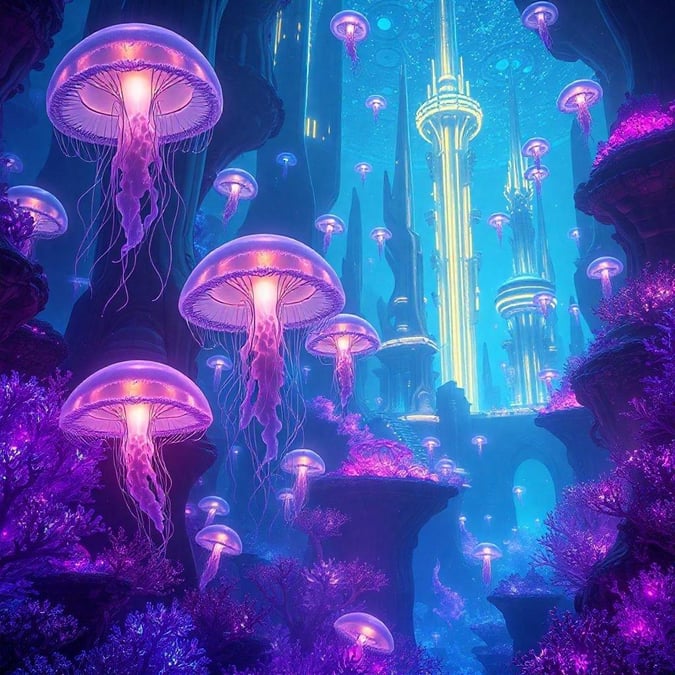 This fantasy wallpaper takes you on an underwater journey through a mystical world, featuring glowing jellyfish and otherworldly structures.