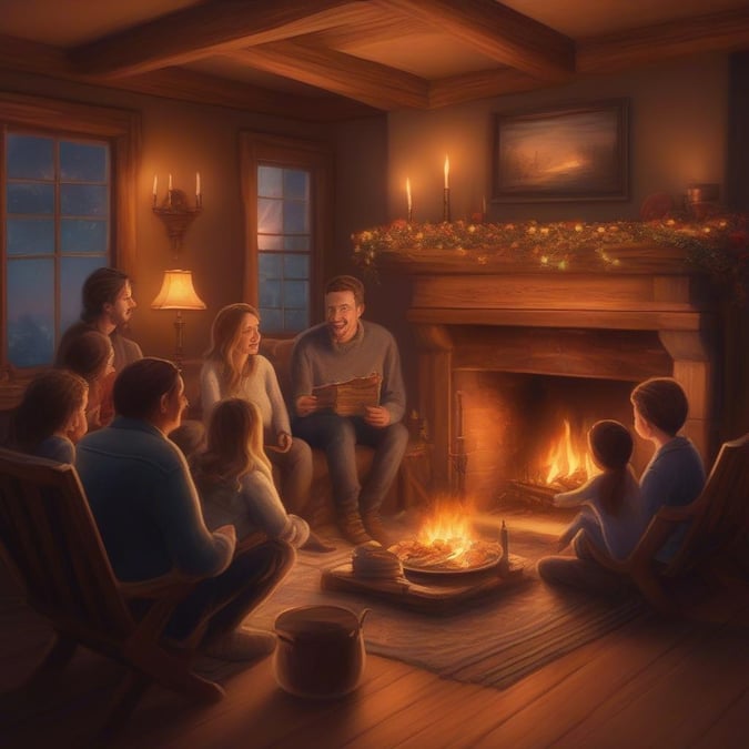 A heartwarming scene of a family enjoying a Thanksgiving feast by the fireplace, capturing the essence of gratitude and togetherness.