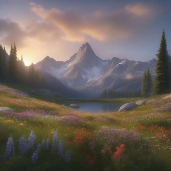 A tranquil scene with mountains, a clear lake, and vibrant wildflowers in the foreground at sunset.