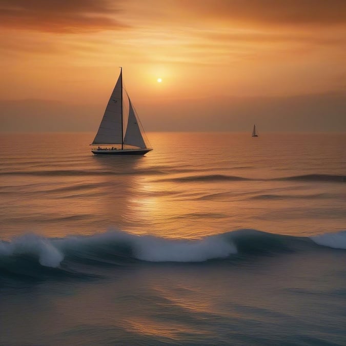 A serene scene of a sailboat gently bobbing on the ocean waves as the sun sets, creating a warm and tranquil atmosphere perfect for celebrating a romantic event or an anniversary.