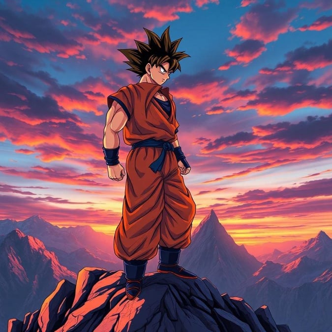 Goku, the iconic protagonist from the beloved anime series Dragon Ball Z, stands proudly on a mountain peak, gazing out at the breathtaking sunset.