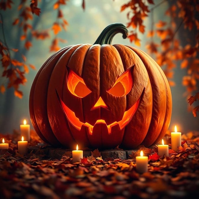 This image captures the spirit of Halloween with a vibrant pumpkin carved to resemble a jack-o'-lantern's face, set against a backdrop that suggests the season is turning from summer to autumn. The glowing candles around the pumpkin add an eerie touch, making it the perfect wallpaper for anyone who loves Halloween festivities or appreciates fall decorations.