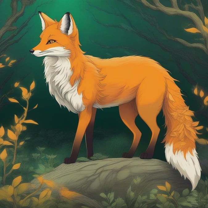 Dyk ner i den mystiska världen av anime med denna fängslande bakgrund som visar en fox spirit stående vid kanten av en skog. Den slående kontrasten mellan den livliga orangea och gula pälsen och de mörka gröna och bruna nyanserna skapar en visuellt imponerande scen. Rävens intensiva blick kräver uppmärksamhet, medan dess långa svans rullar åt höger, vilket ger en känsla av rörelse och energi. Den dimmiga bakgrunden ger en känsla av mysterium och intriger, vilket drar ditt fokus till rävens kraftfulla närvaro i förgrunden. Denna bakgrund är perfekt för fans av anime och fantasy, och erbjuder en unik och fängslande visuell upplevelse.