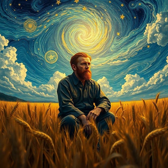 This stunning wallpaper features Vincent van Gogh sitting in a wheat field, surrounded by the beauty of nature. The image captures the essence of Van Gogh's famous painting, 'Wheat Field with Cypresses', and is perfect for anyone who loves art, nature, or just wants to add a touch of elegance to their desktop or mobile device.