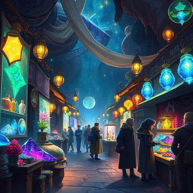 This vibrant fantasy market is bustling with activity as magical items and trinkets are displayed by various stalls. The night sky above provides a magical backdrop to this lively scene, where adventurers might find that rare gem or enchanted artifact for their quest.