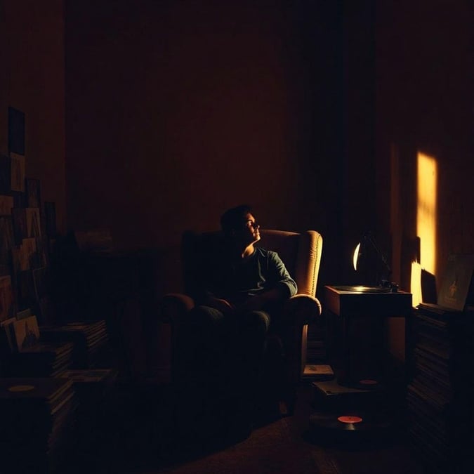 A man sits in a chair, lost in thought as he listens to music on a record player in a dimly lit room.