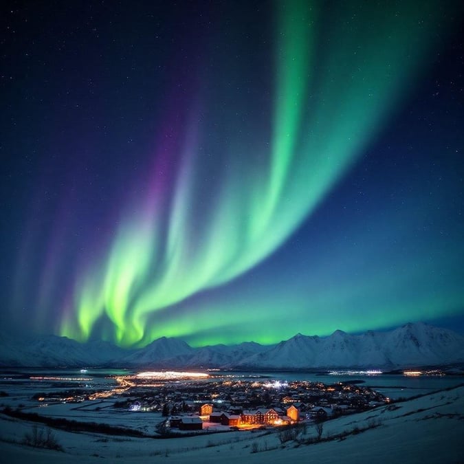 A stunning night sky, alive with the vibrant colors of auroras dancing above a quaint village. The tranquil setting captures the magic of nature's spectacle under the cold Alaskan skies.