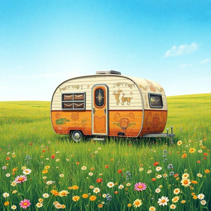 Embark on a whimsical journey with this classic camper van adorned with nature-inspired illustrations, perfect for those who love the open road and the great outdoors.