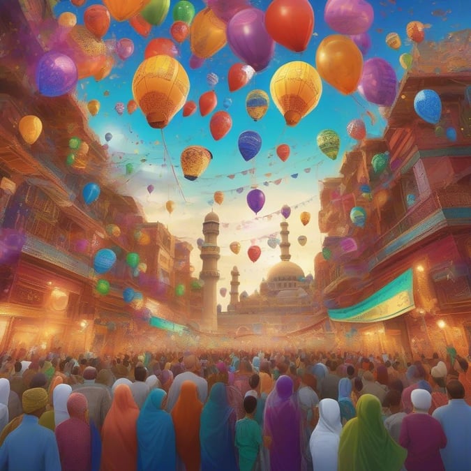 Celebrate Eid with vibrant balloons and a stunning mosque backdrop.