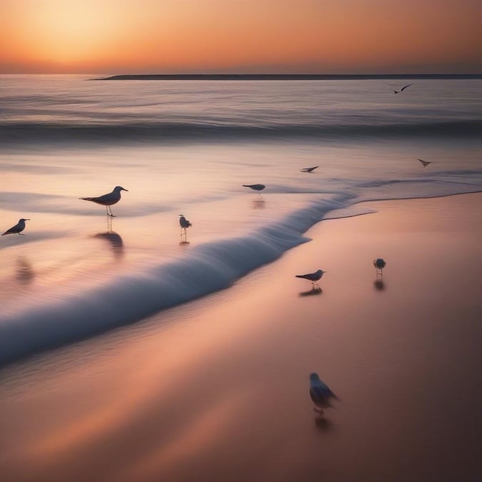 A serene beach scene during sunset, with birds strolling along the gentle wave-kissed shore.