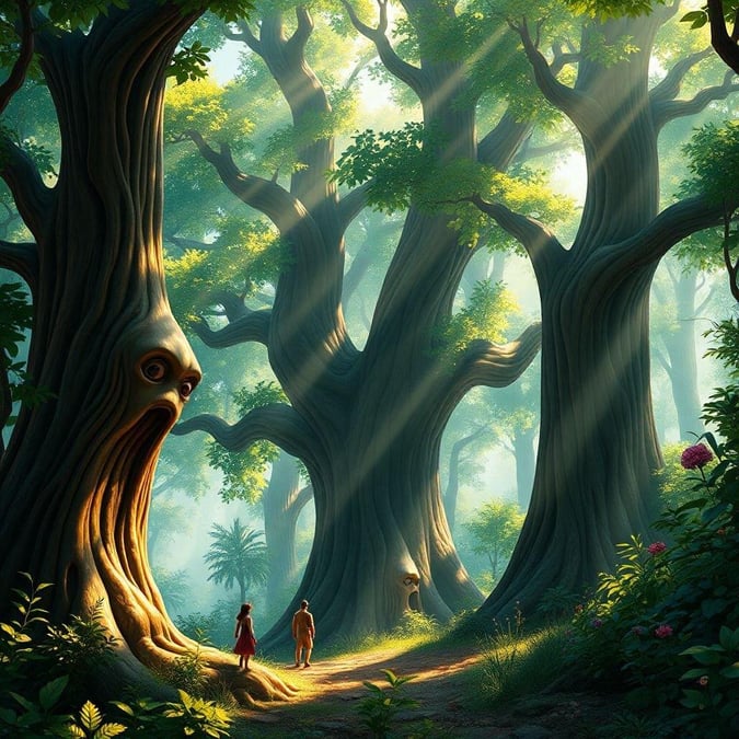 A heartwarming scene from a fairytale, featuring two animated characters exploring a magical forest filled with towering trees. The enchanting path they tread upon leads to a smiling tree that seems to invite them into its embrace.