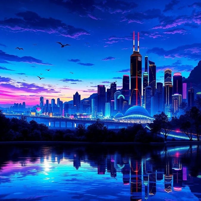 A breathtaking anime-inspired cityscape at sunset, with a serene lake and vibrant neon lights reflecting off the water's surface, creating a captivating and futuristic atmosphere.