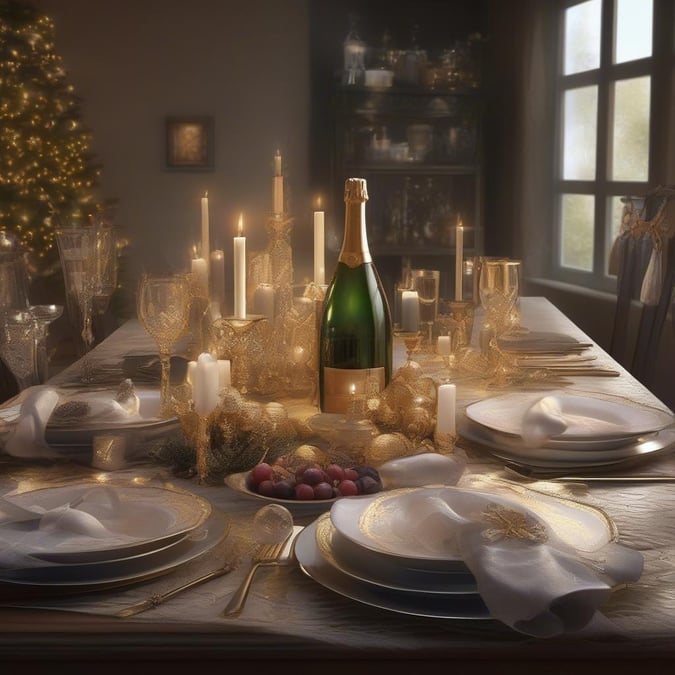 Ring in the New Year with this stunning wallpaper, featuring a beautifully set table adorned with candles, champagne, and festive decorations. The perfect blend of elegance and celebration, this image is sure to inspire a sense of joy and anticipation for the year ahead.