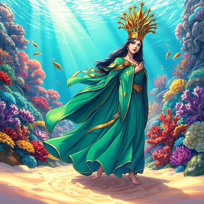 A wise ruler of an underwater kingdom, presiding over a vibrant, life-filled domain. With her regal green dress and golden headpiece, she embodies both the majesty and serenity of her aquatic realm.