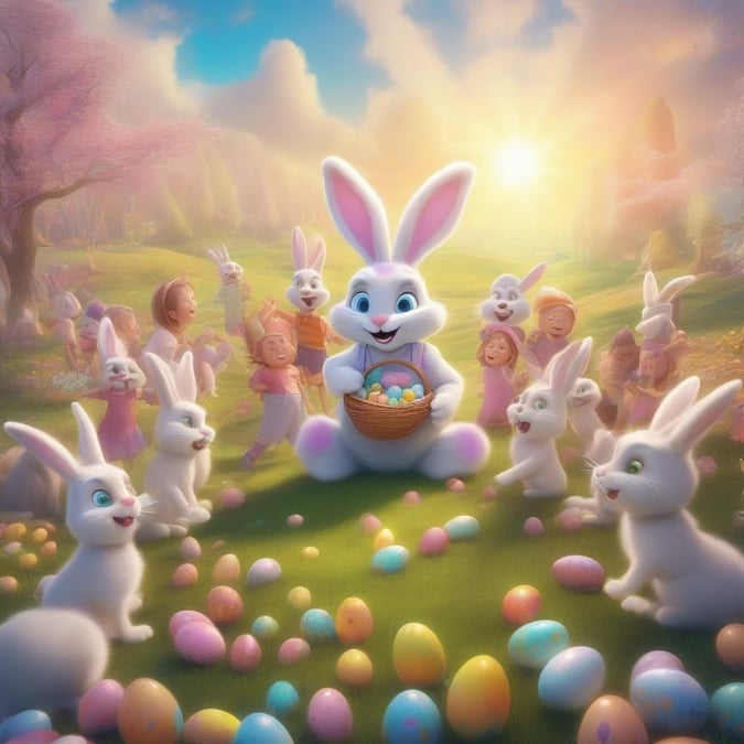 Hop into the spirit of Easter with this adorable wallpaper featuring the Easter Bunny surrounded by colorful eggs. Perfect for adding a touch of festive fun to your desktop or mobile device.