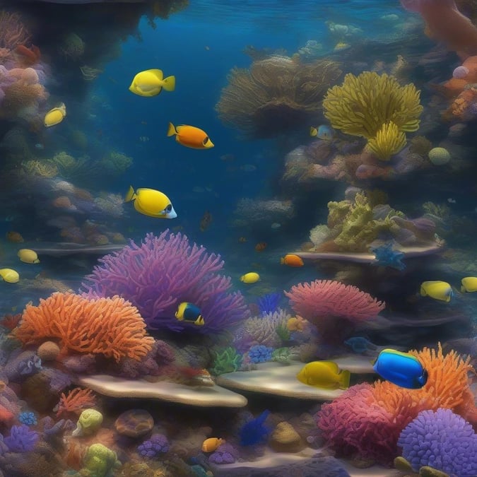 A vivid underwater scene teeming with colorful fish, coral formations, and a variety of sea creatures.