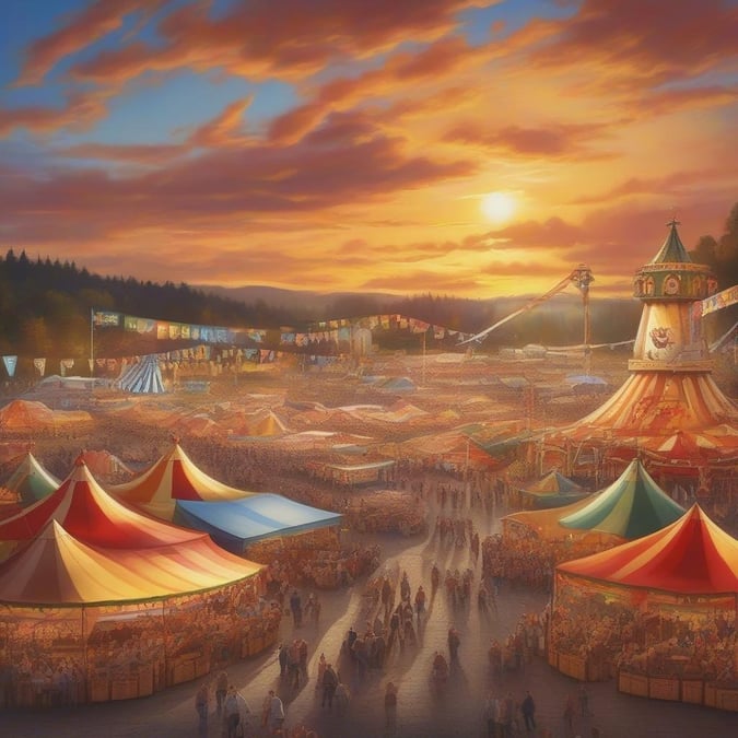 A lively scene at the Oktoberfest carnival with colorful tents, vibrant flags, and people enjoying a festive evening under a beautiful sunset.