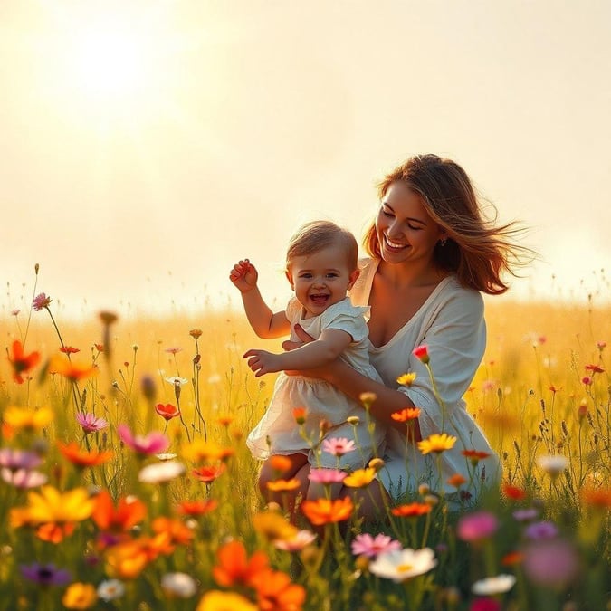 A heartwarming scene of a mother and child in a field of wildflowers, capturing the essence of Mother's Day.