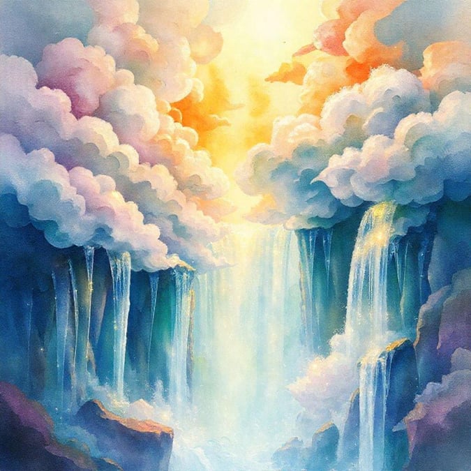 This stunning wallpaper showcases a breathtaking waterfall, nestled among clouds and bathed in warm sunlight. The abstract design creates a sense of calm and wonder, perfect for desktop and mobile use.